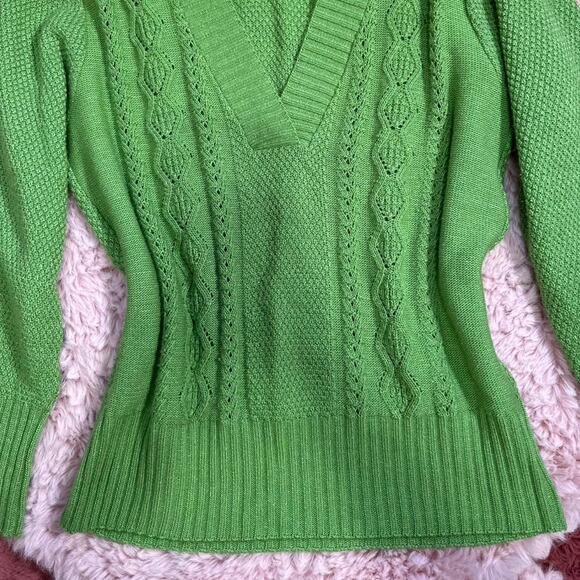 Y2k spunky green chunky cable knit vneck sweater - Picture 5 of 7